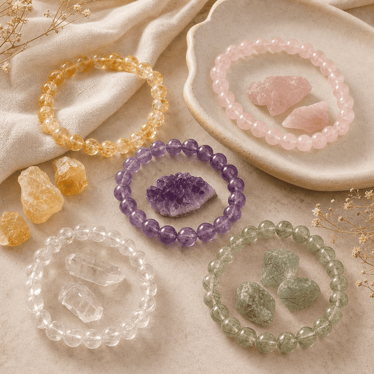 Natural crystals and healing stones bracelets in rose quartz amethyst citrine clear quartz and green crystal