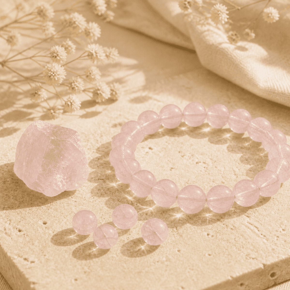 Natural rose quartz crystal bracelet displayed with raw rose quartz and loose pink crystal beads in warm sunlight.