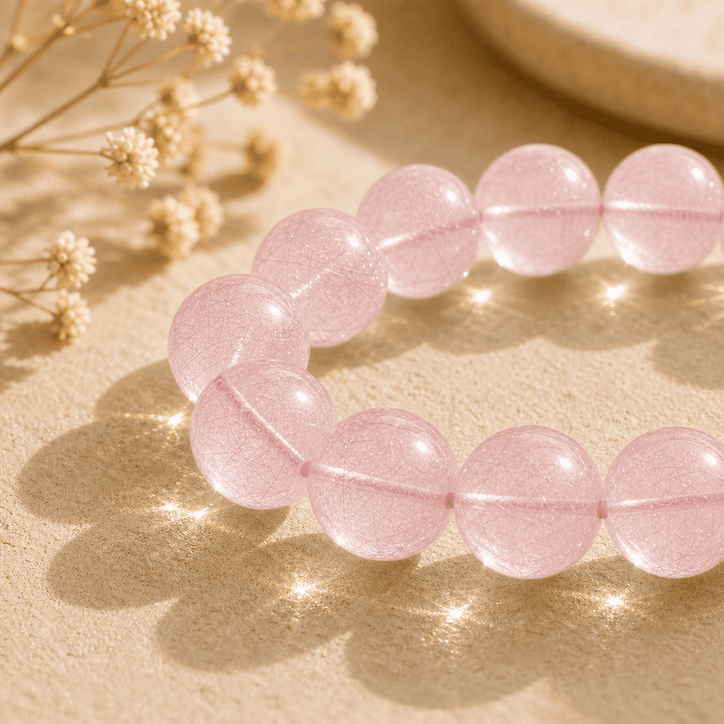 Close-up of polished pink rose quartz beads in warm sunlight