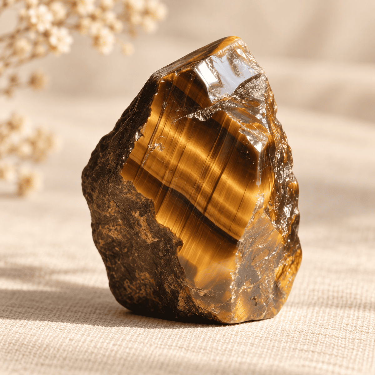 Raw tiger eye stone with golden-brown bands and a rough outer surface on linen