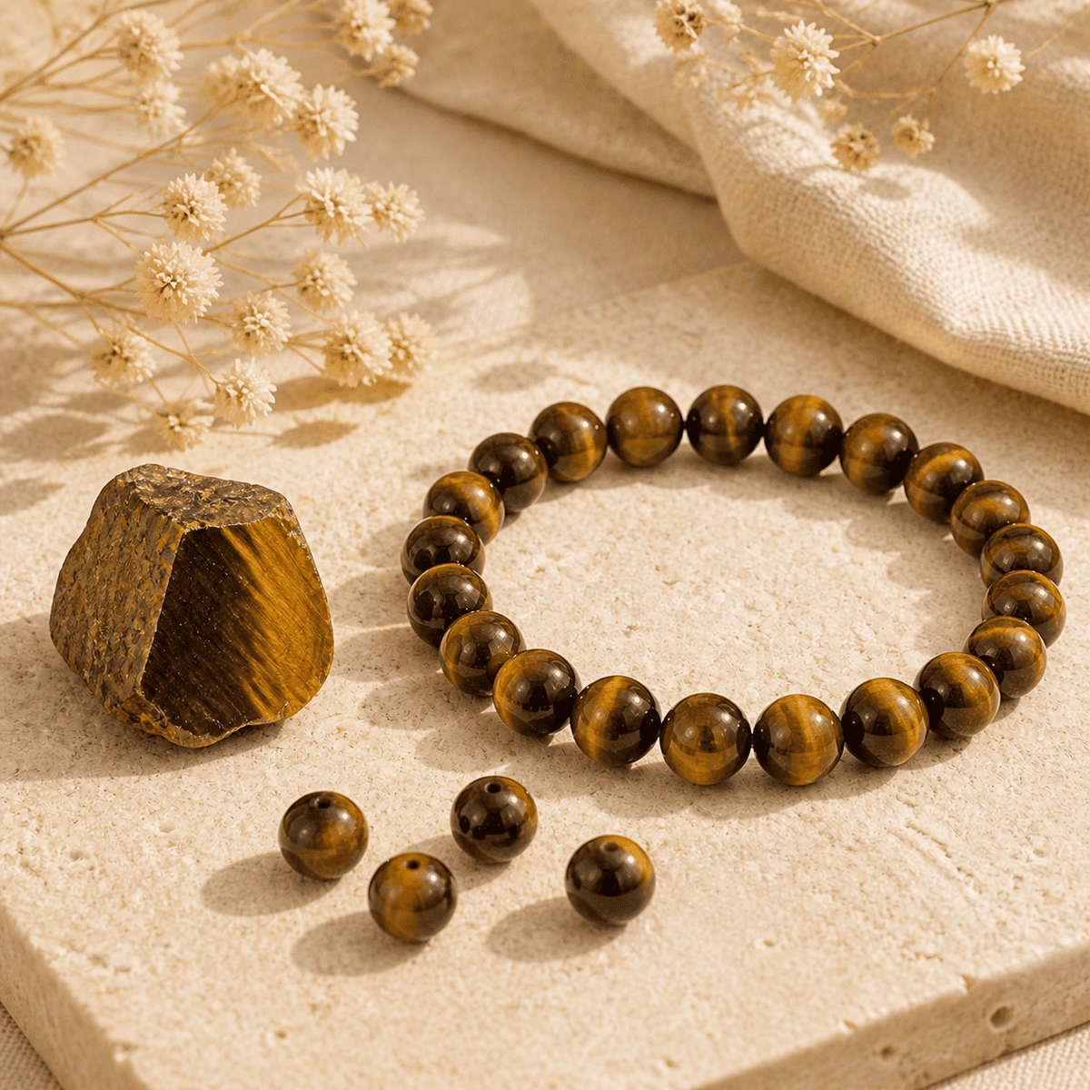 Real tiger eye stone bracelet displayed with raw tiger eye and loose polished beads in warm natural light
