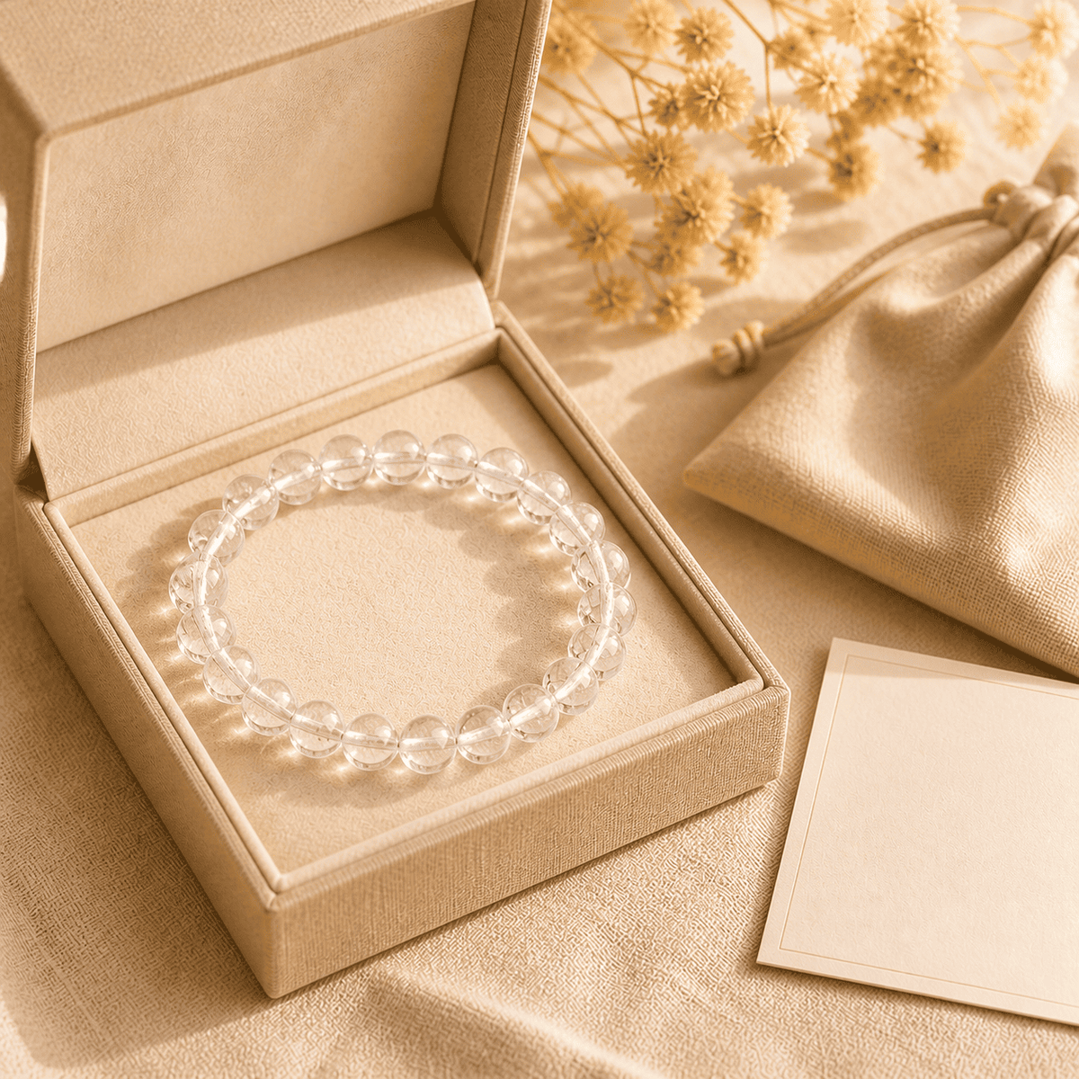 Rock crystal bracelet presented in a beige jewelry gift box with a matching pouch and card