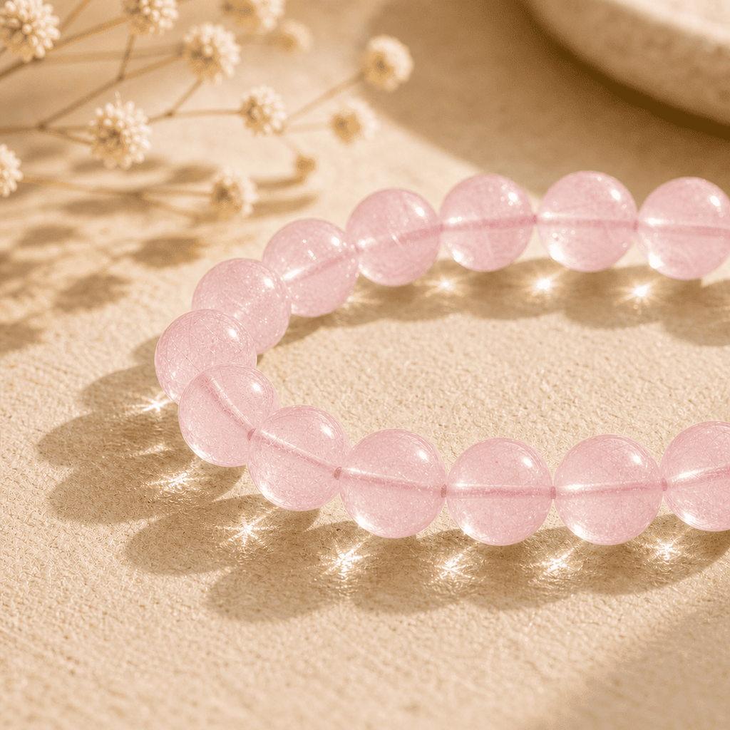 Detailed view of translucent rose quartz bracelet beads