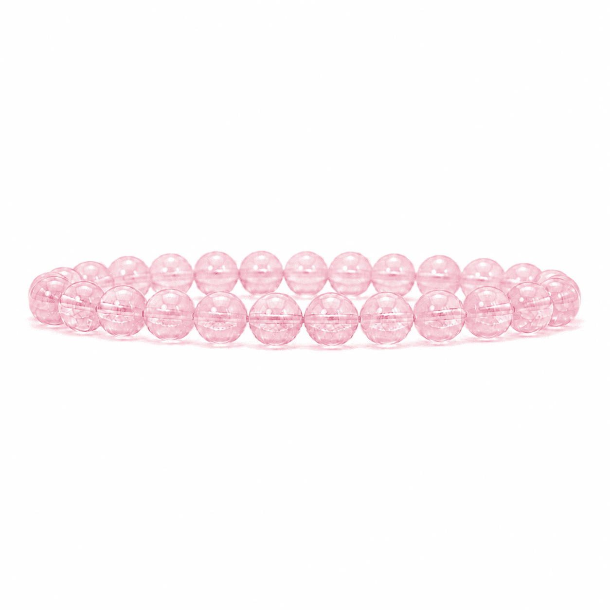 Rose quartz bracelet with translucent pink round beads displayed on a clean white background