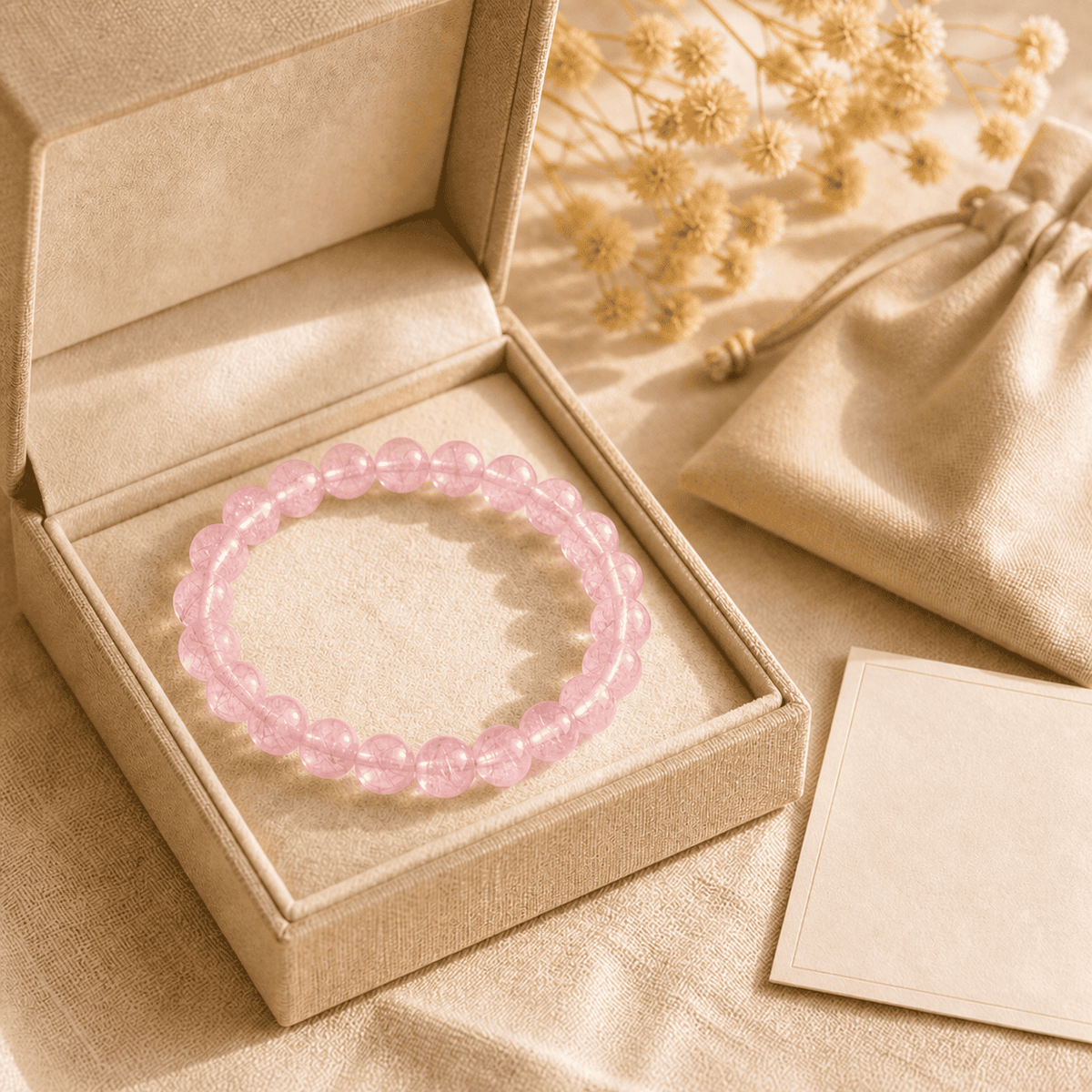 Rose quartz crystal bracelet presented in an elegant beige gift box with a pouch and gift card in warm sunlight.