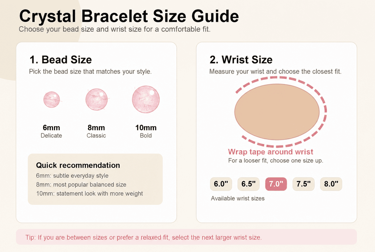 Rose quartz crystal bracelet size guide comparing 6mm, 8mm, and 10mm beads with available wrist measurements