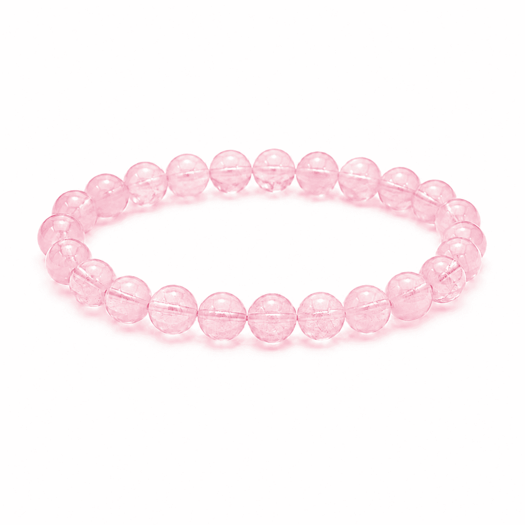 Rose quartz crystal bracelet with polished pink beads on a white background