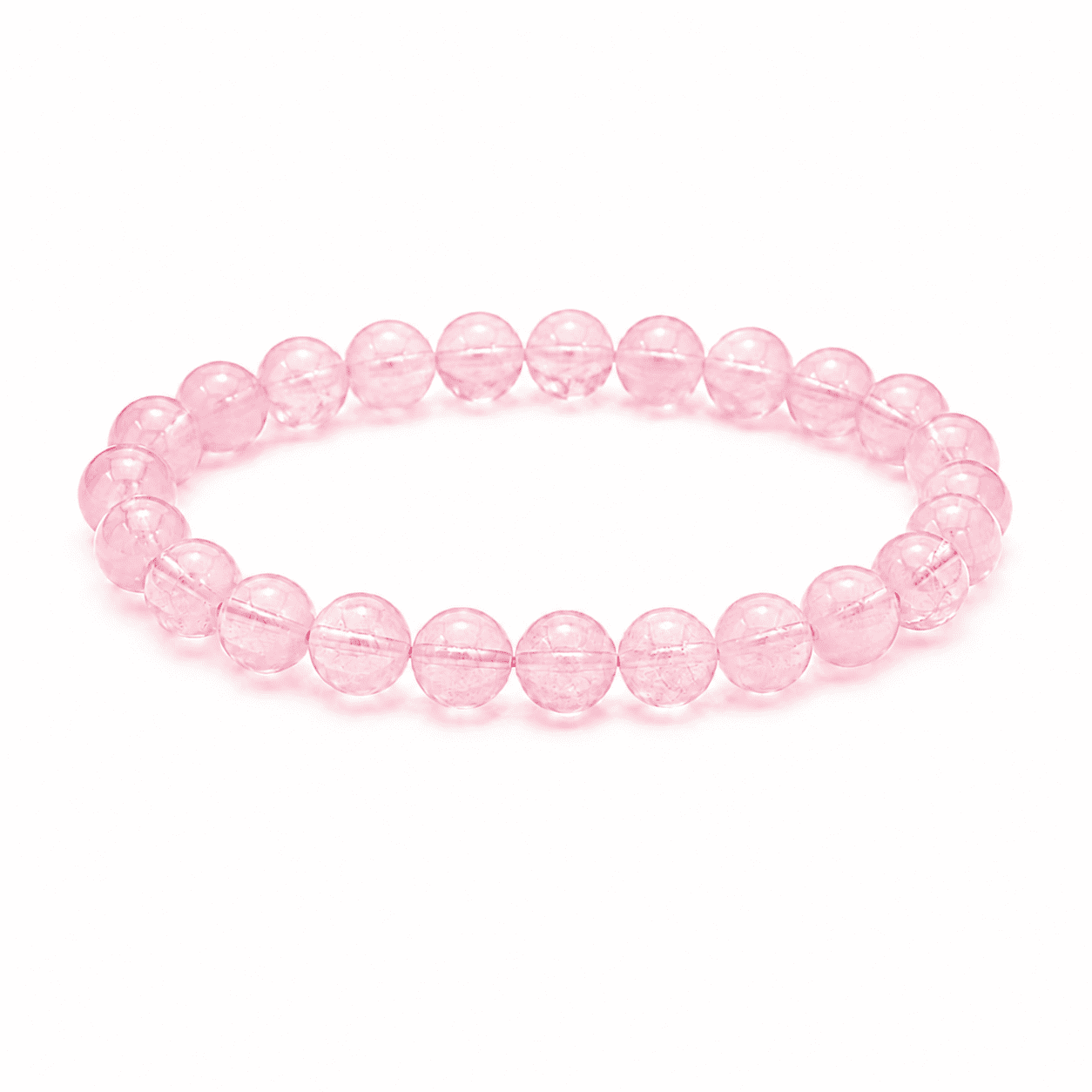 Rose quartz crystal bracelet with polished pink beads on a white background