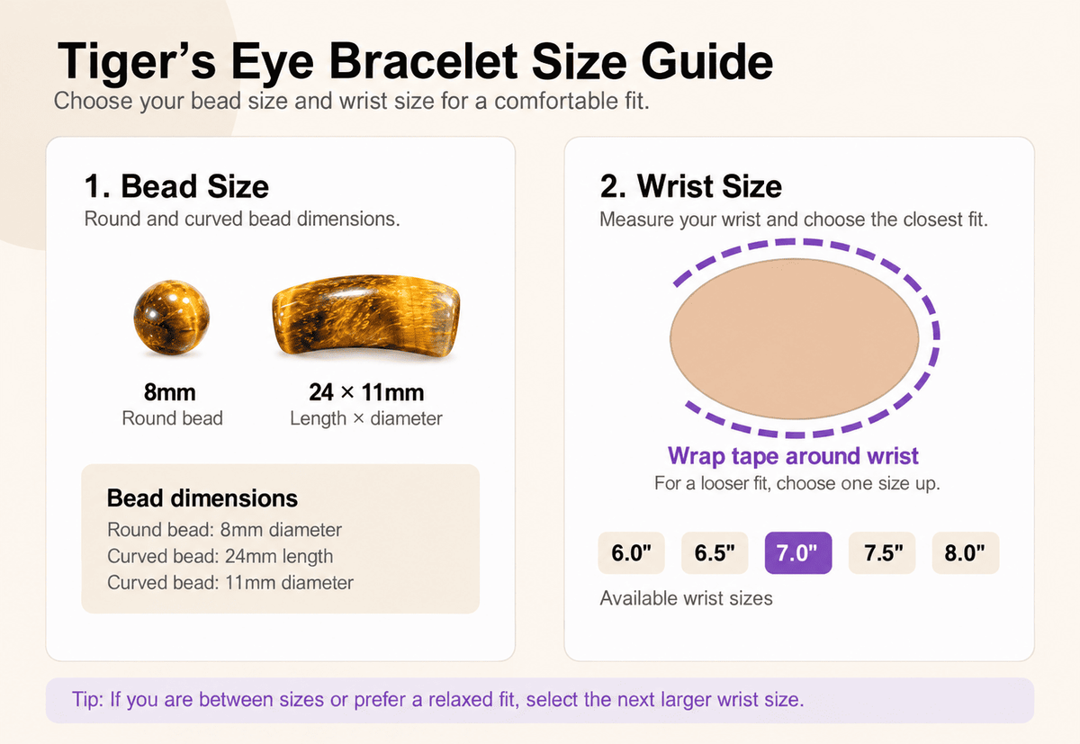 Tiger eye bracelet size guide showing 8mm round beads, 24 x 11mm curved beads and wrist sizes from 6 to 8 inches