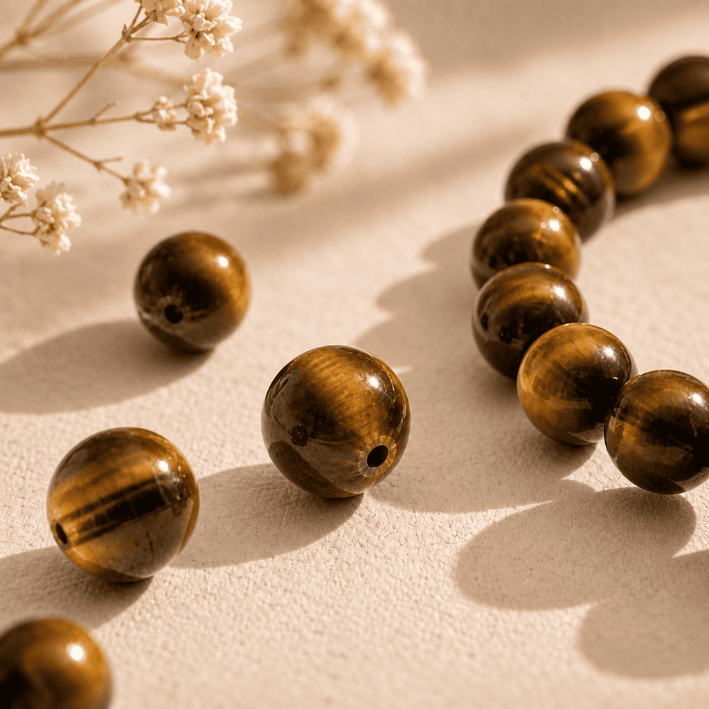 Close-up of tiger eye stone beads bracelet showing polished golden brown bands and drilled round beads