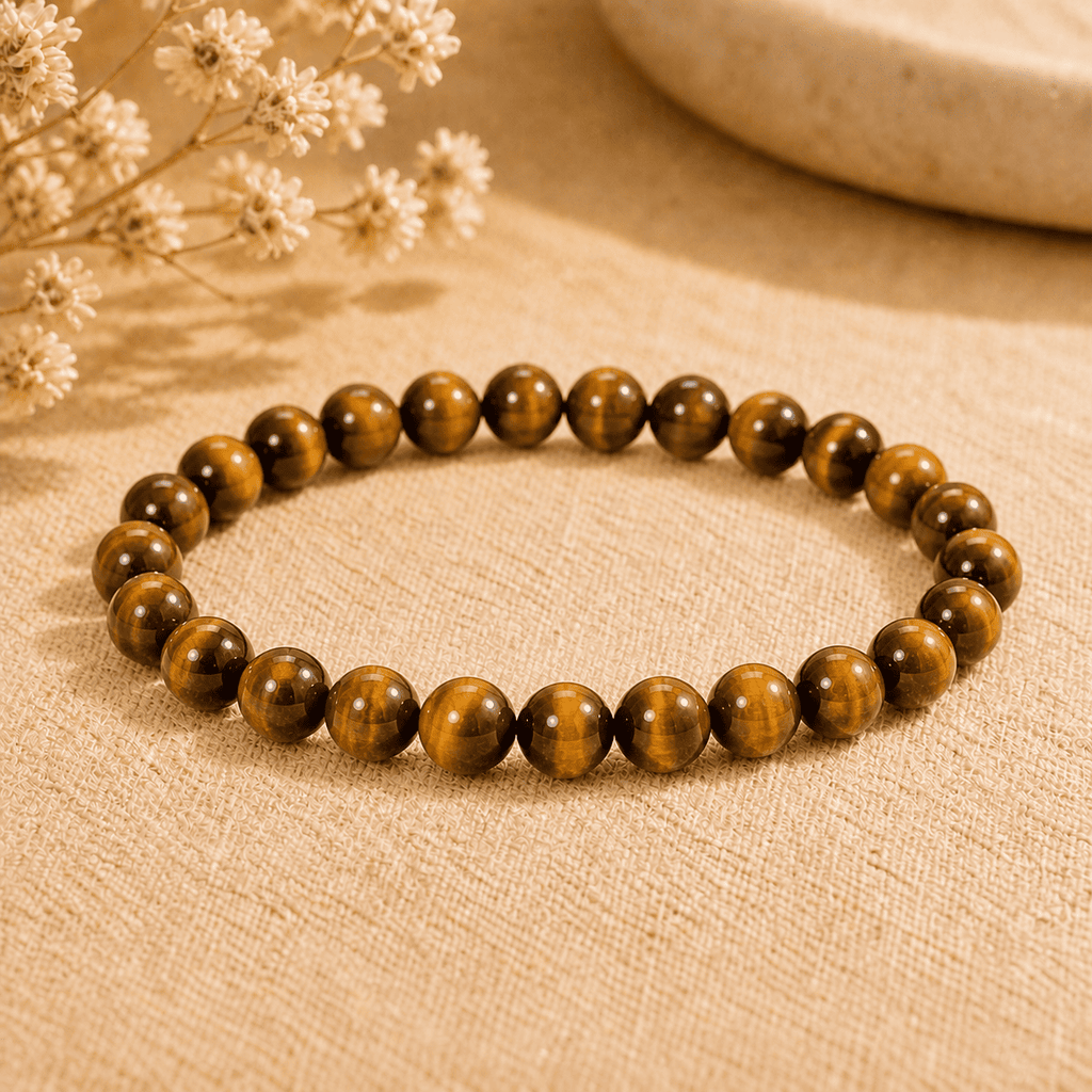 Tigers Eye Bracelet with polished golden brown round beads displayed on neutral fabric in warm light