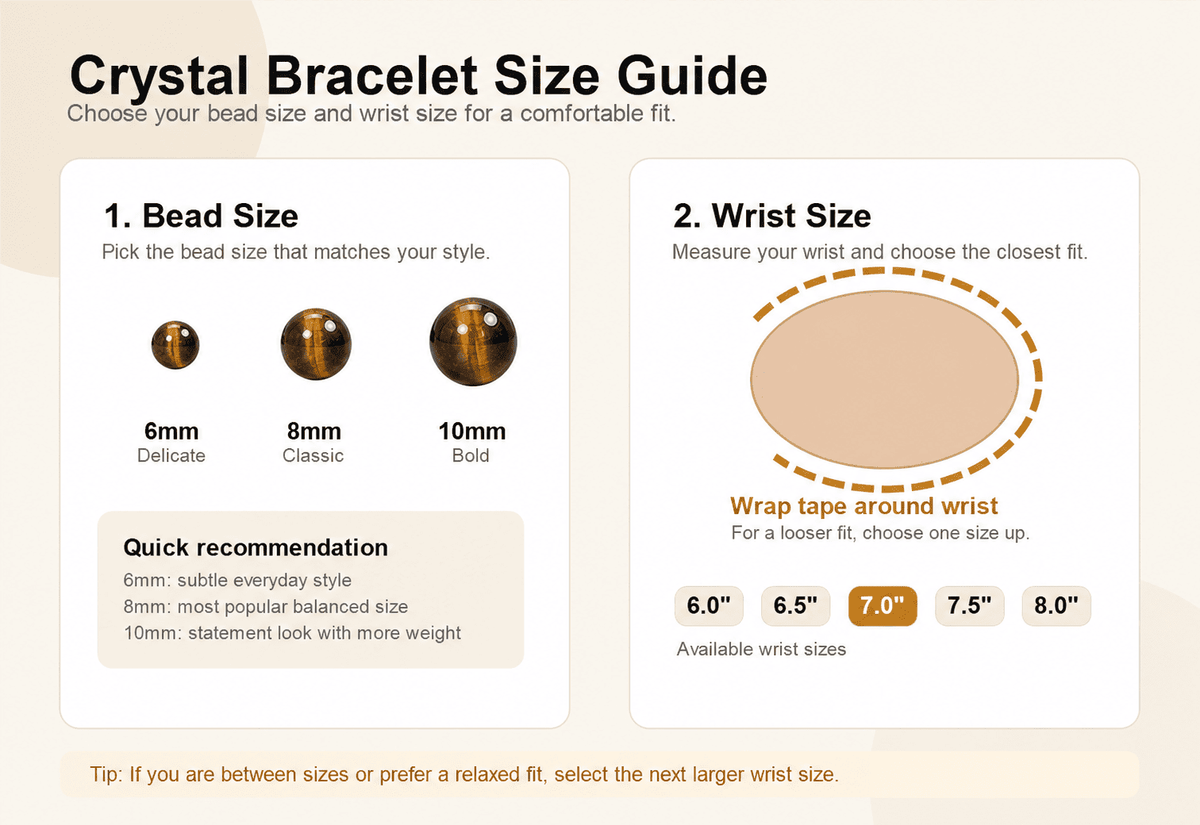 Tigers Eye Bracelet size guide showing 6mm, 8mm and 10mm bead options with wrist sizes from 6 to 8 inches