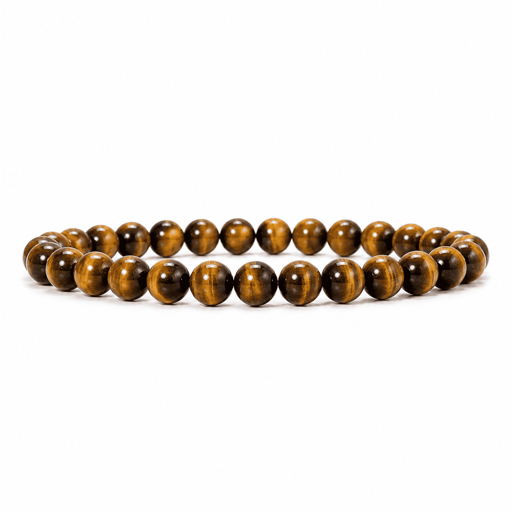 Tigers Eye Bracelet with glossy golden brown round beads centered on a clean white background
