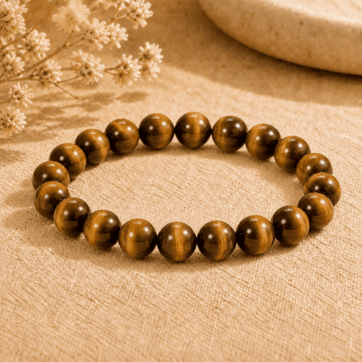 Tigers eye crystal bracelet with large polished round beads and natural golden brown banding