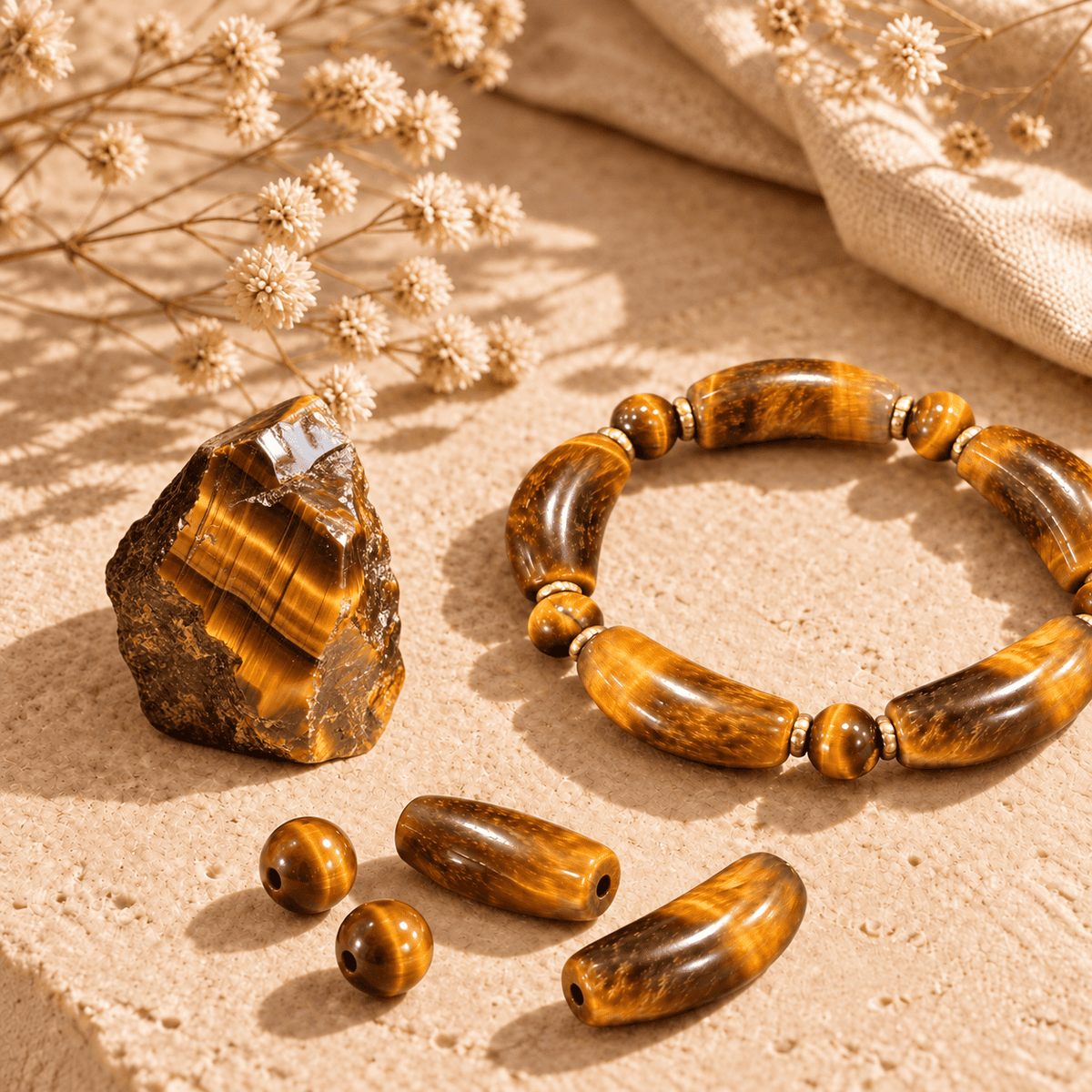 Tiger's eye crystal bracelet beside a raw stone and loose curved and round beads on a sunlit surface